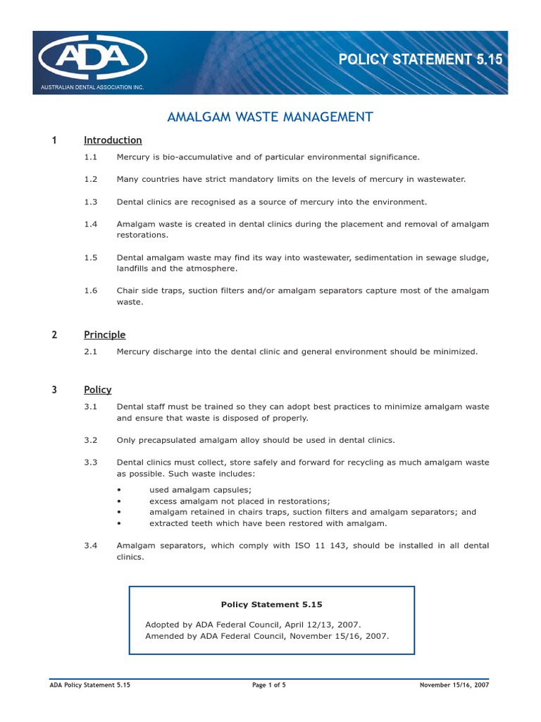 Amalgam Waste Management Policy Statement 5.15 PDF Incineration