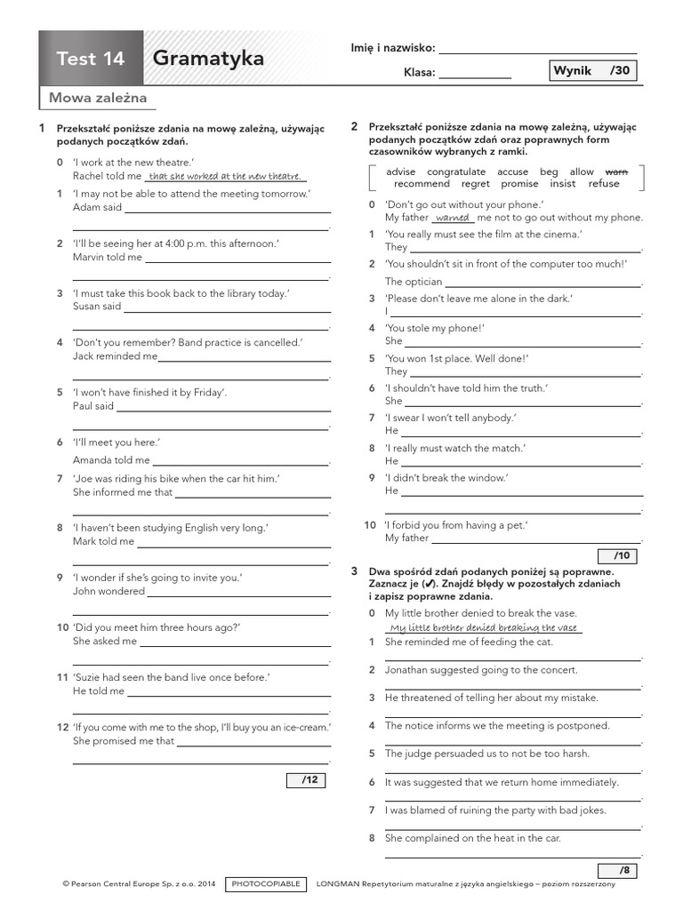 Gramatyka Test 14 PDF