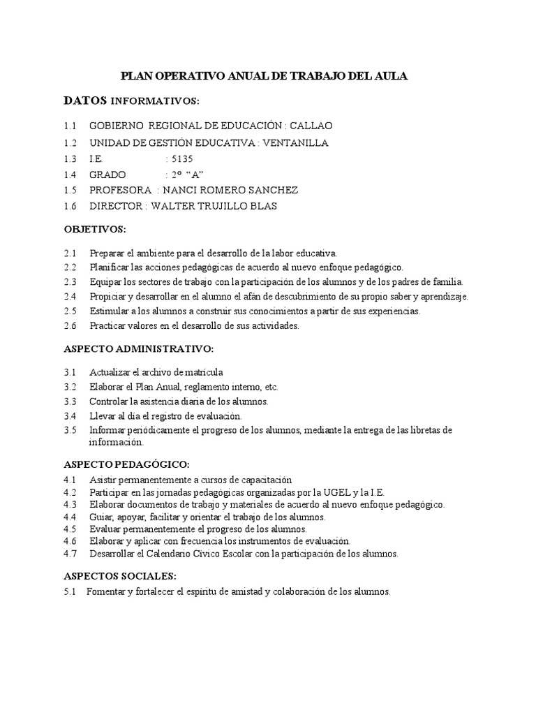 Plan Operativo Anual Aula 2° "A" | PDF | Salón de clases | Maestros