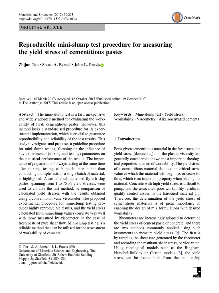 Tan 2017 - Article - Reproducible Mini-Slump Test Procedure For Yield ...
