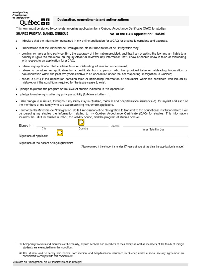 Declaration of Intent: A Signed Commitment to Study in Quebec | PDF ...