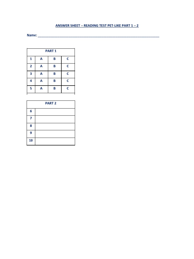 PET-Like Reading Test Answer Sheet | PDF | Business | Technology ...