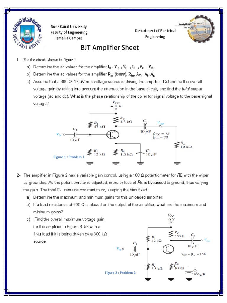 BJT Amplifier Sheet 1 PDF | PDF | Amplifier | Electrical Engineering