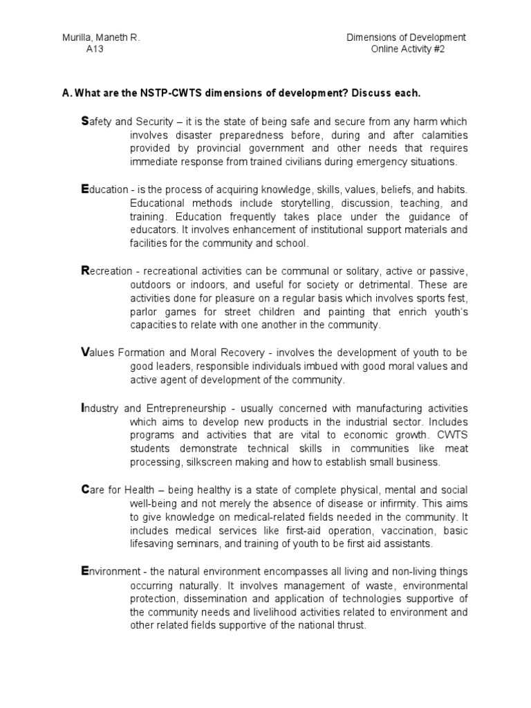 A. What are the NSTPCWTS dimensions of development? Discuss each Courage