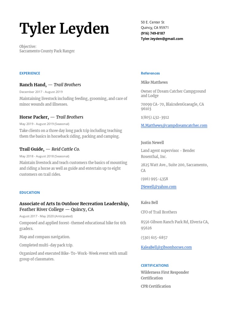 Ranch Hand Resume for Tyler Leyden | PDF | Trail | Outdoor Recreation