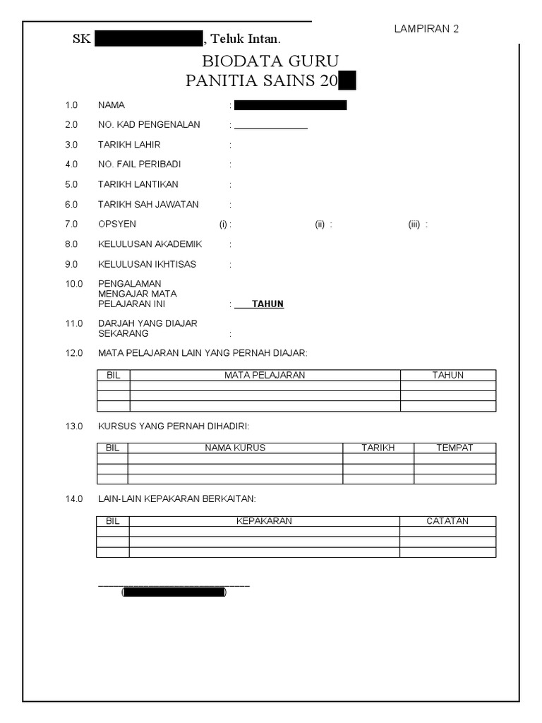 Contoh Borang Biodata Guru Untuk Fail Panitia | PDF