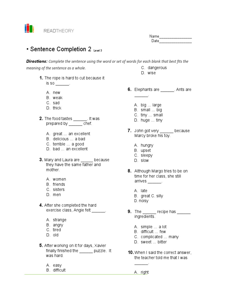Sentence Completion Practice Level 3 | PDF