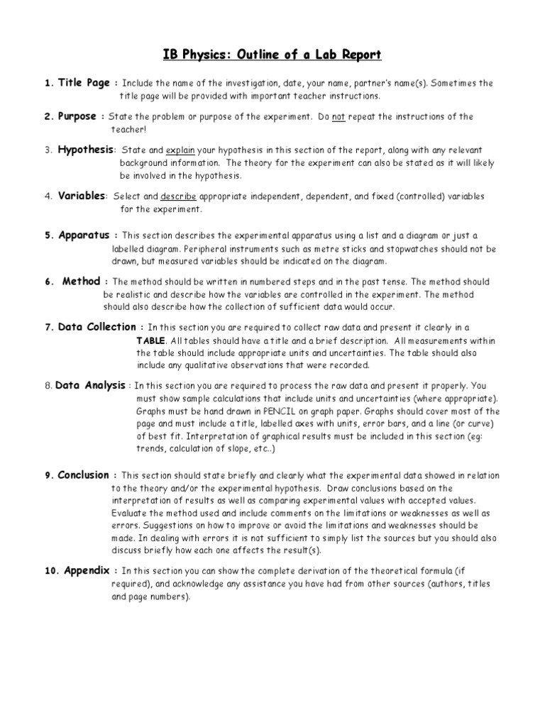 Physics Outline of Lab Report Experiment Data