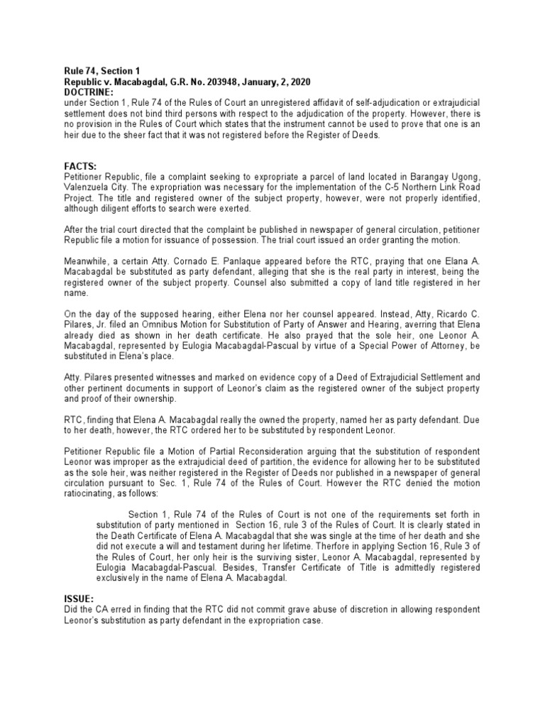 Macabagdal Case: Heirship and Rule 74 | PDF | Deed | Complaint