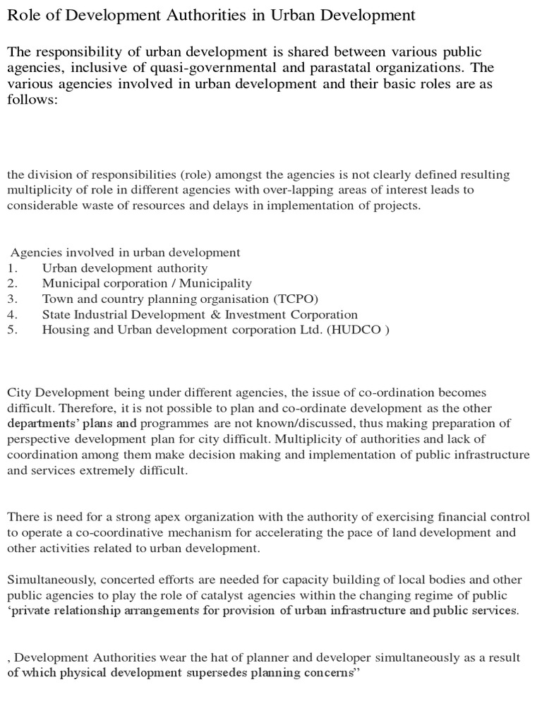 Role of Development Authorities in Urban Planning | PDF | Urban ...