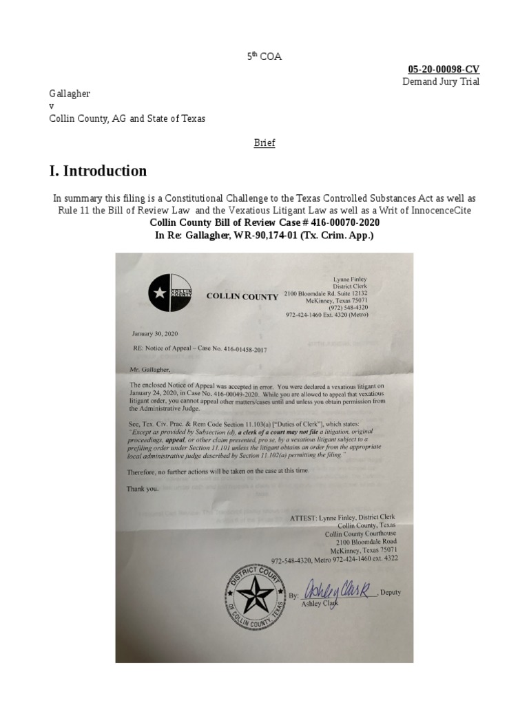 Draft Brief Texas Constitutional Challenge To Texas Law Gallagher v
