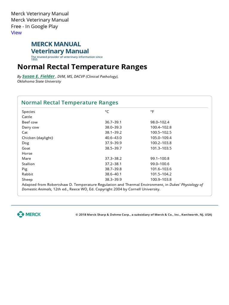 Normal Rectal Temperature Ranges Special Subjects Merck Veterinary