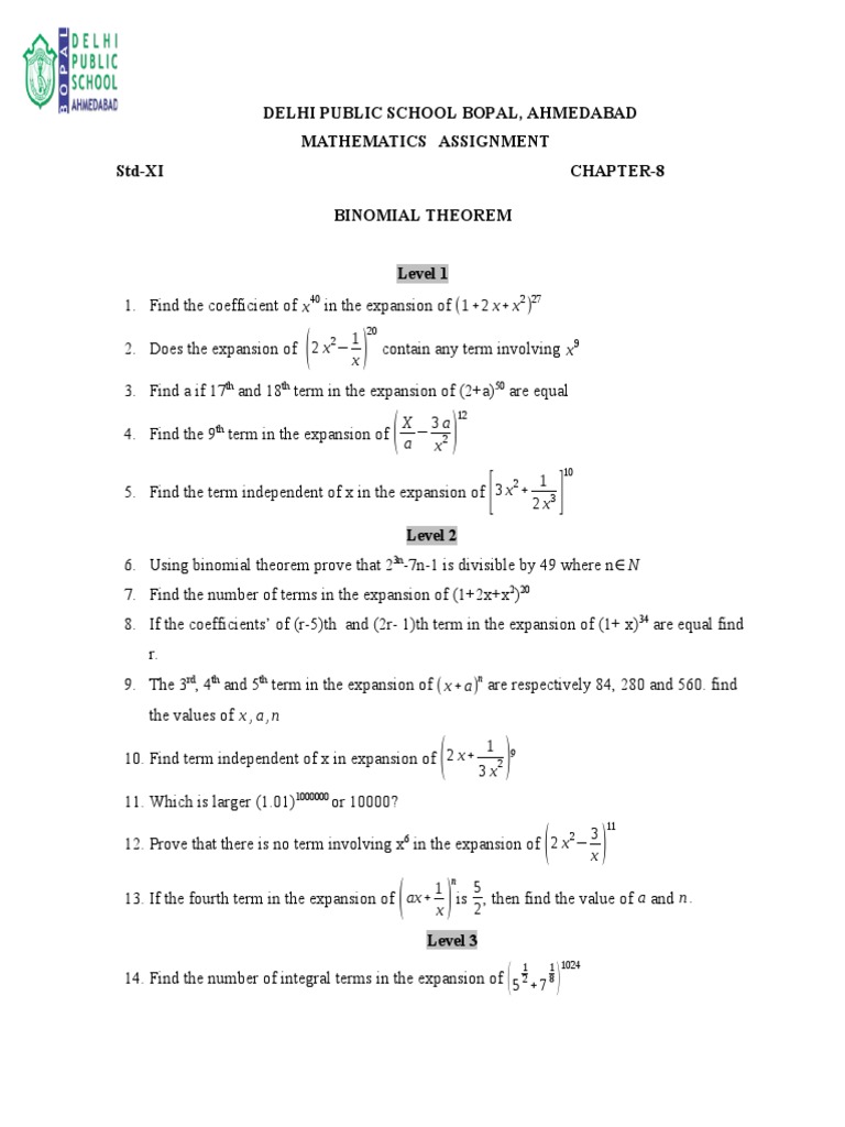 Binomial Theorem 2017-18 | PDF | Teaching Mathematics | Mathematical ...