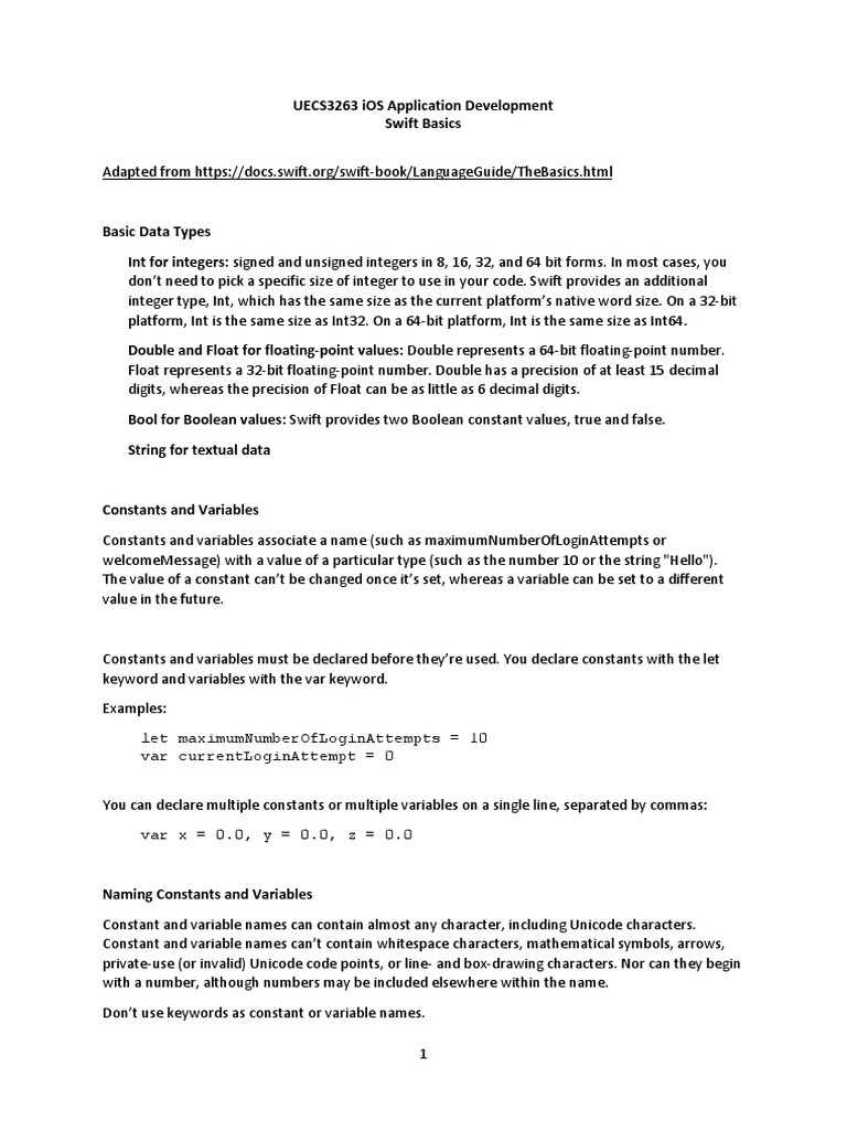 04 2 Swift Basics Pdf Data Type Integer Computer Science