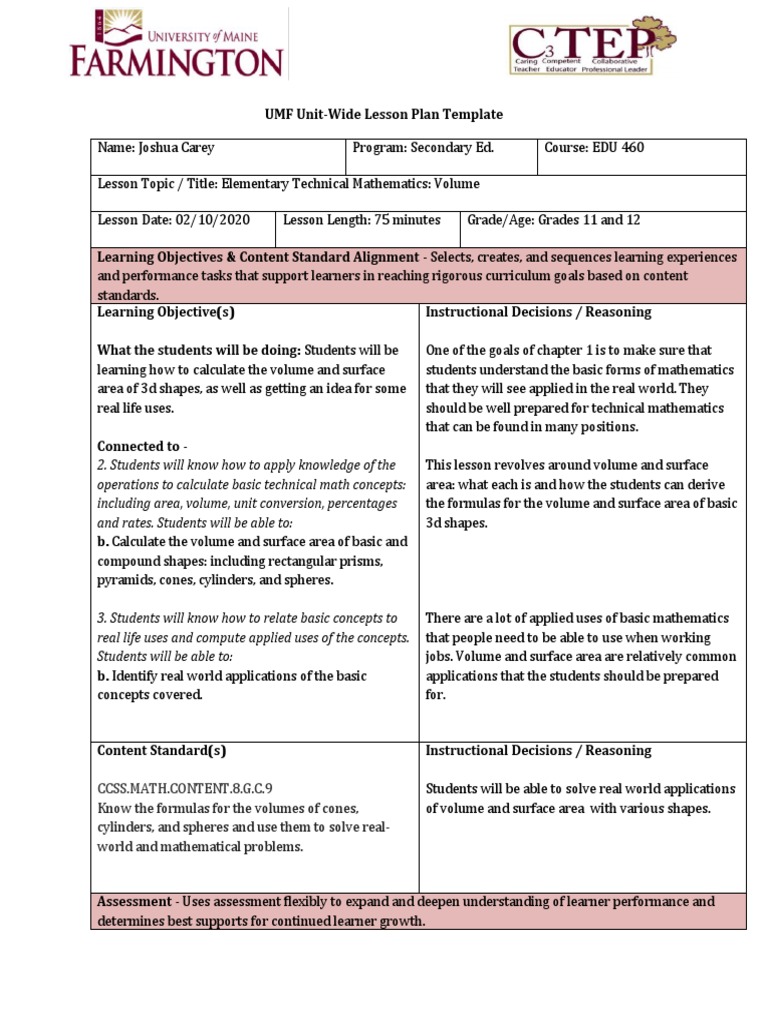 Volume Formal Lesson Plan | PDF | Area | Volume