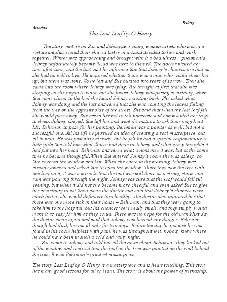 The Last Leaf By O Henry Book Review