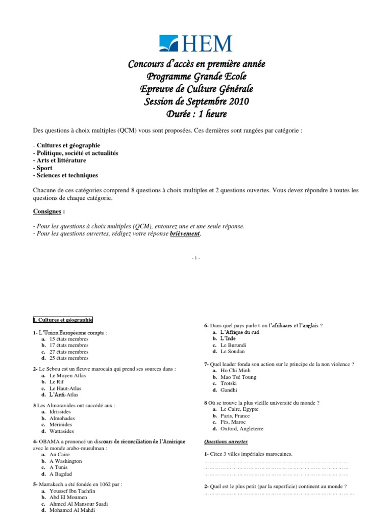 Qcm Culture Générale Avec Réponse Epreuve de Culture Generale 1ere 09 2010 | PDF | Maroc | Des sports