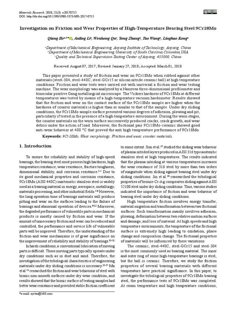Friction and Wear of 9Cr18Mo Steel | PDF | Wear | Friction