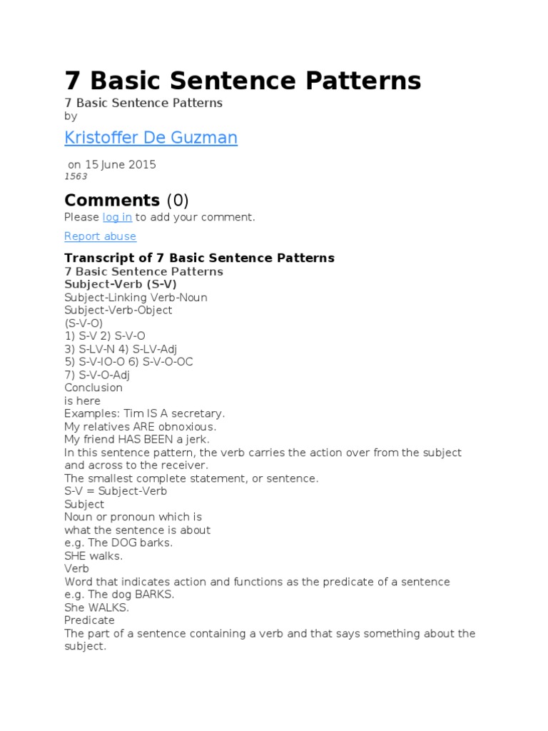 7 Basic Sentence Patterns | PDF | Object (Grammar) | Verb