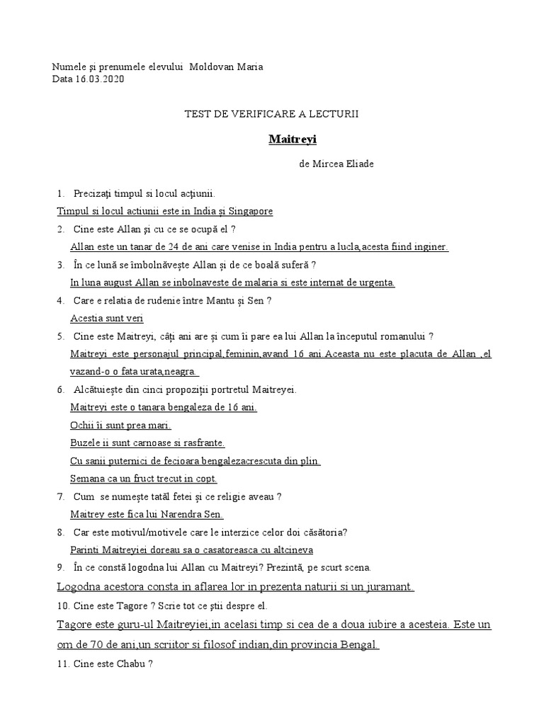 Test Lectura Maitreyi | PDF