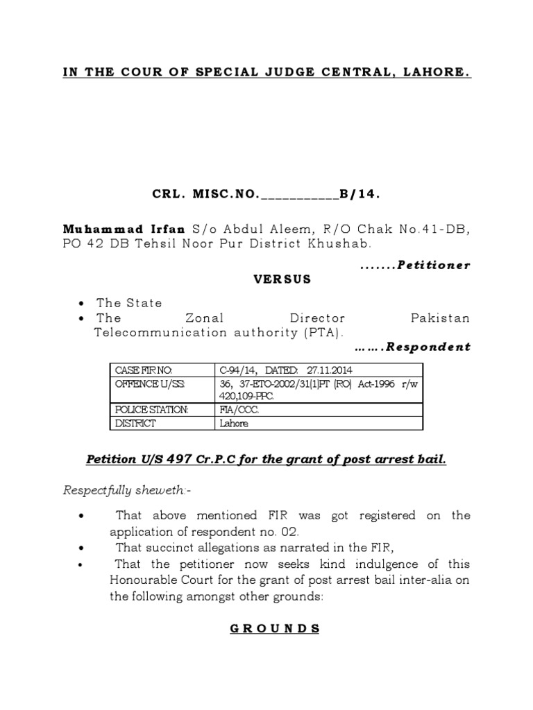 Post Arrest Bail Petition in Lahore Court | PDF | Bail | Judiciaries