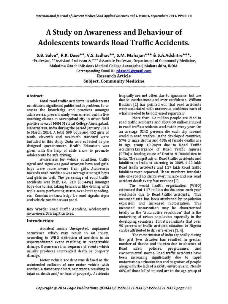 A Study On Awareness and Behaviour of Adolescent Towards Road Traffic ...