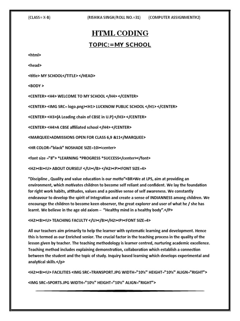HTML Coding: Topic: My School | PDF | Teaching Method | Teachers