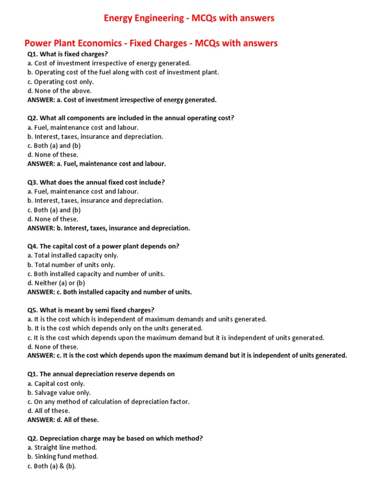 Energy Engineering Mcqs With Answers Power Plant Economics Fixed Charges Mcqs With Answers