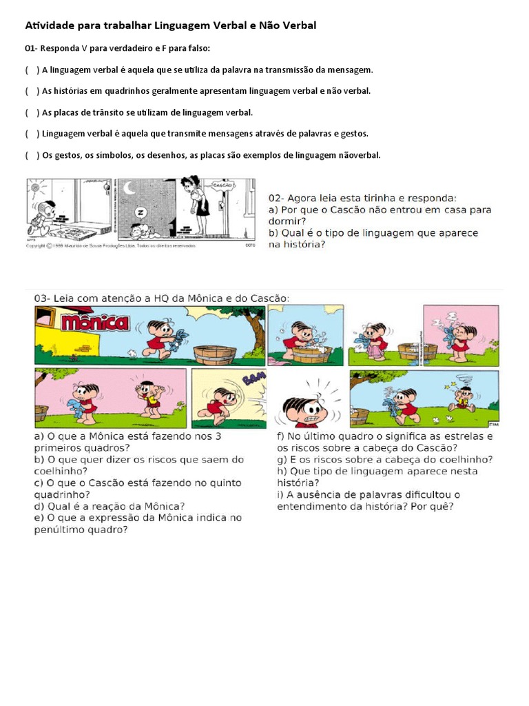 Atividade para Trabalhar Linguagem Verbal e Não Verbal | PDF