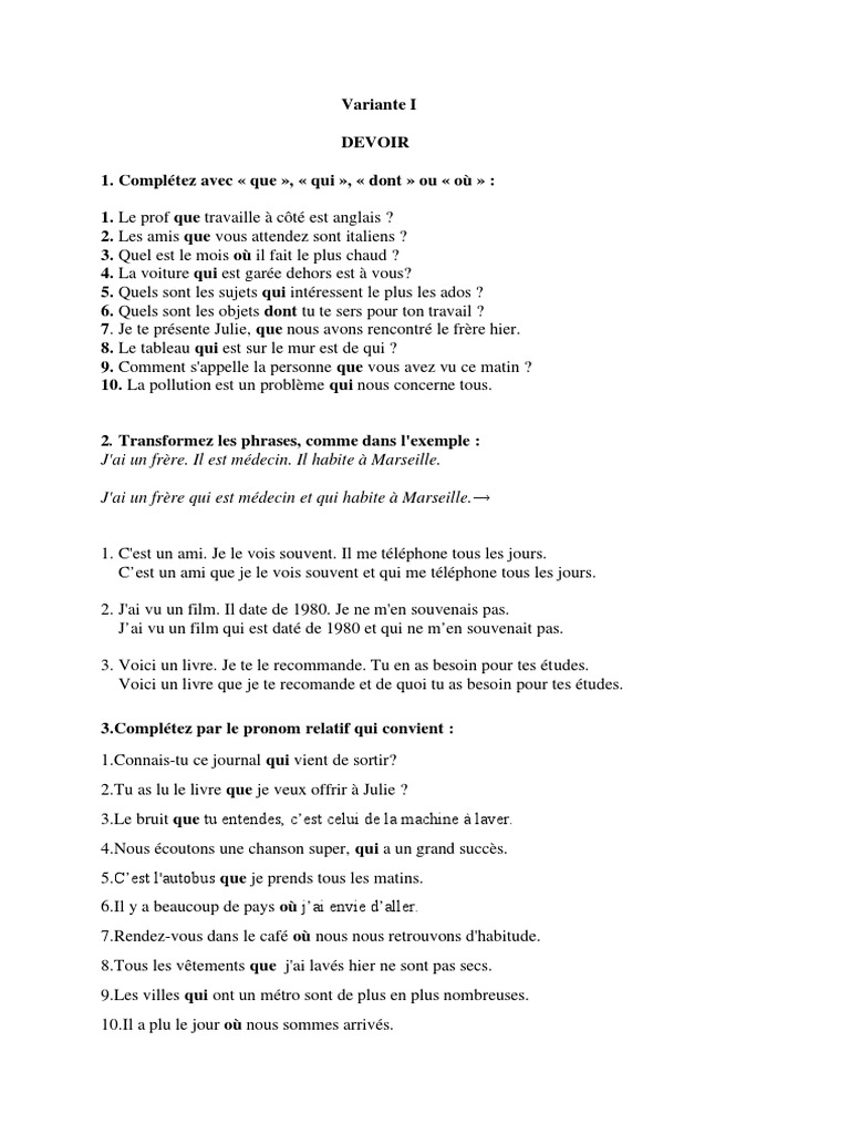 Exercices sur les pronoms relatifs en français | PDF | Arts du langage ...