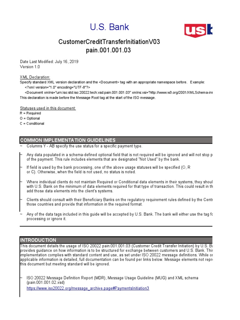 U.S. Bank ISO 20022 Pain.001 Guide | PDF | Xml | Payments