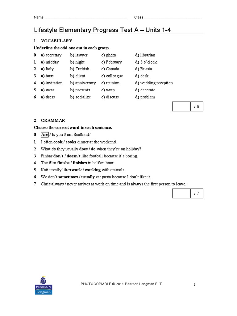 Lifestyle Elementary Progress Test A - Units 1-4 | PDF | Semiotics ...