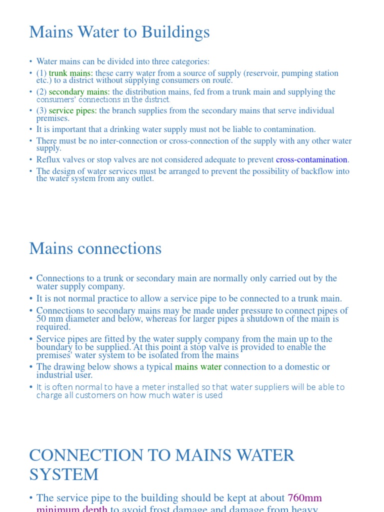 Mains Water To Buildings: Trunk Mains: Secondary Mains: Service Pipes ...