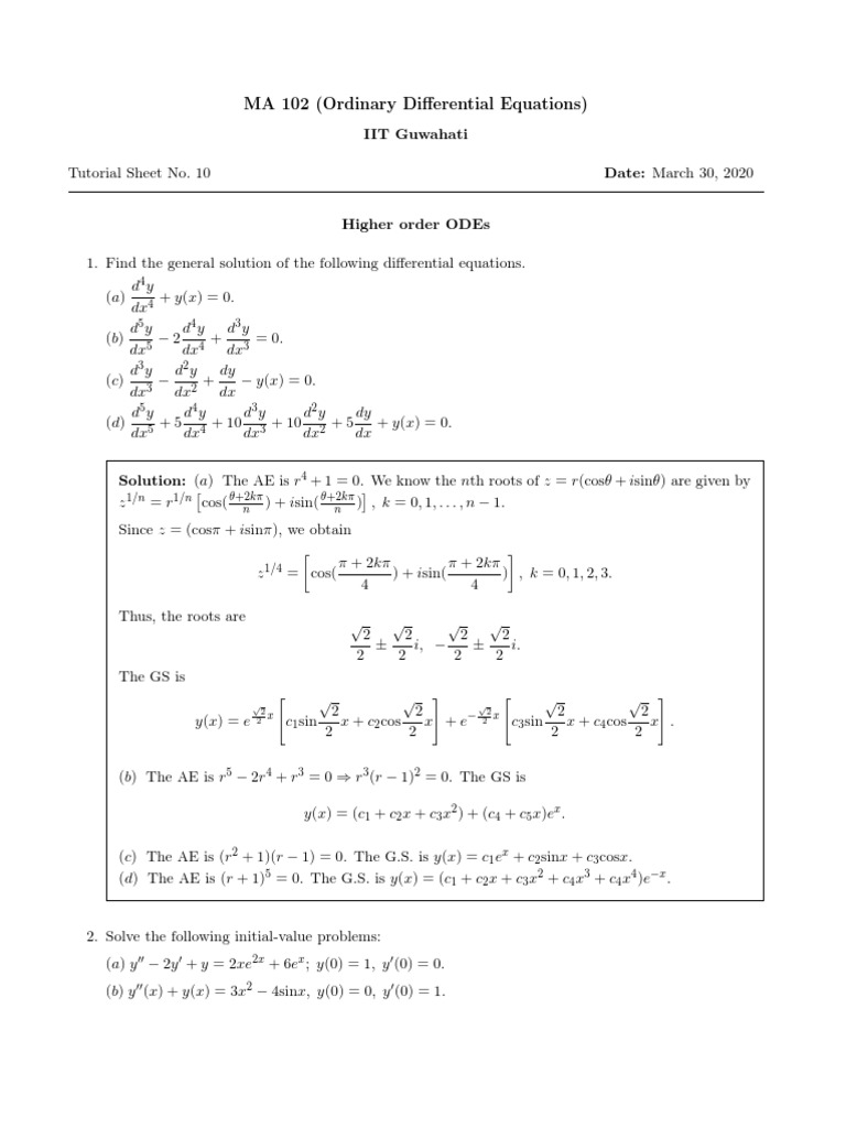 Tutorial 4 Solutions Ordinary Differential Equation Square Root
