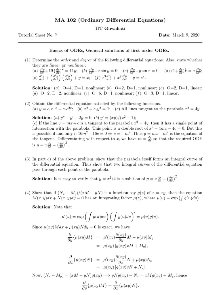 Tutorial 1 Solutions Ordinary Differential Equation Nonlinear System