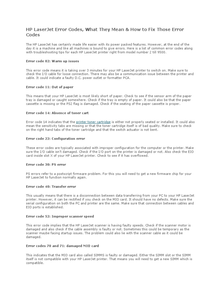 HP LaserJet Error Codes PDF Printer Manufactured Goods