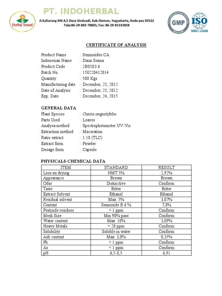 Certificate of Analysis PDF Chemical Substances Chemistry