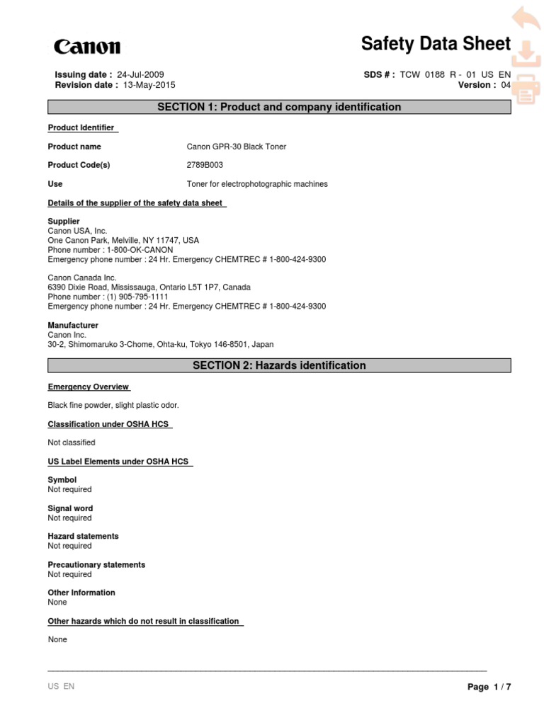 CANON (MSDS) PRINTER TONER-GPR-30-Black Expires 18-05-13 | Download ...