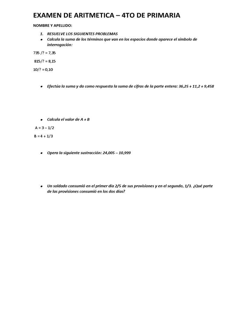 Examen de Aritmética 4to Primaria | PDF