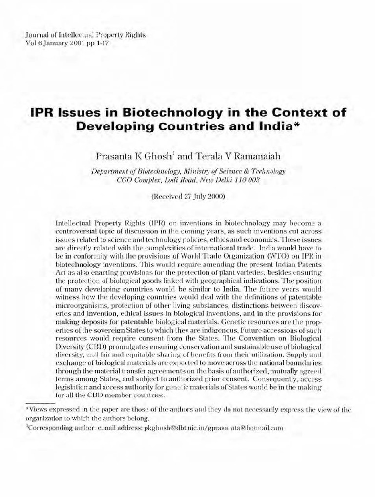 2001 Ipr Issues In Biotechnology India Pdf Pdf Intellectual
