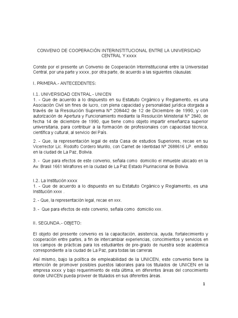 Modelo De Convenio Unicen 2018 Col Pdf Universidad Educación