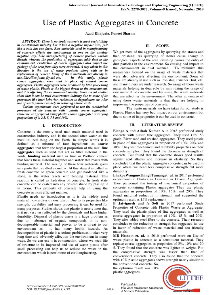 Use of Plastic Aggregates in Concrete: A5088119119/2019©BEIESP A5088 ...