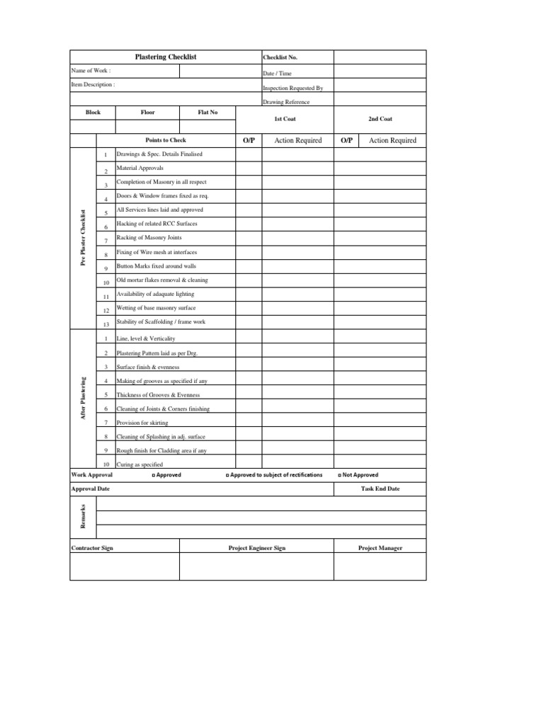 Pre Plaster Inspection Checklist | PDF | Masonry | Plaster