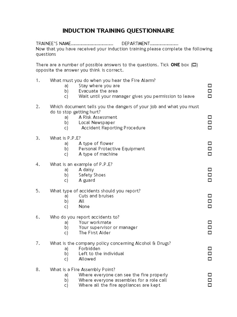 Induction Training Questionnaire PDF Business
