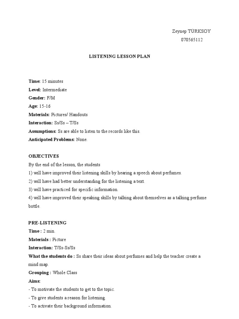 Listening Lesson Plan: Perfume Theme | PDF | Lesson Plan | Teaching