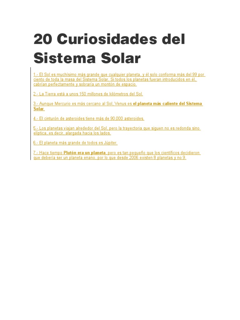 20 Curiosidades Del Sistema Solar | PDF