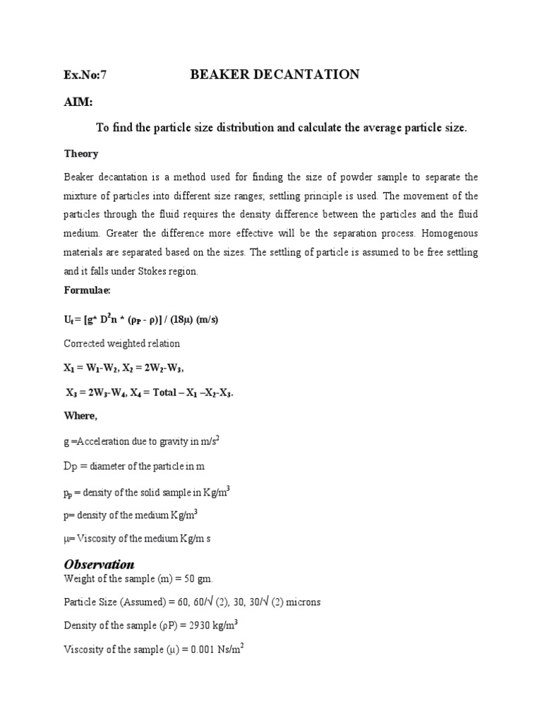 Beaker Decantation To Find The Particle Size Distribution and