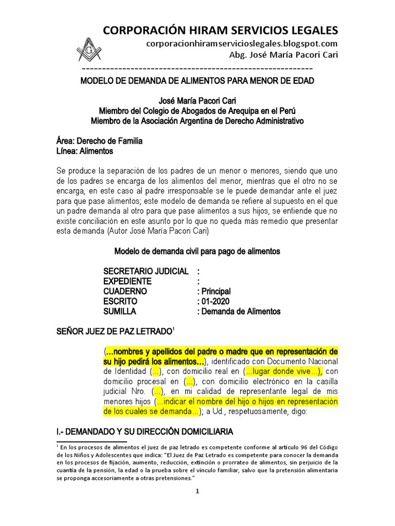 Modelo Demanda de Alimentos Autor José María Pacori Cari Pensión