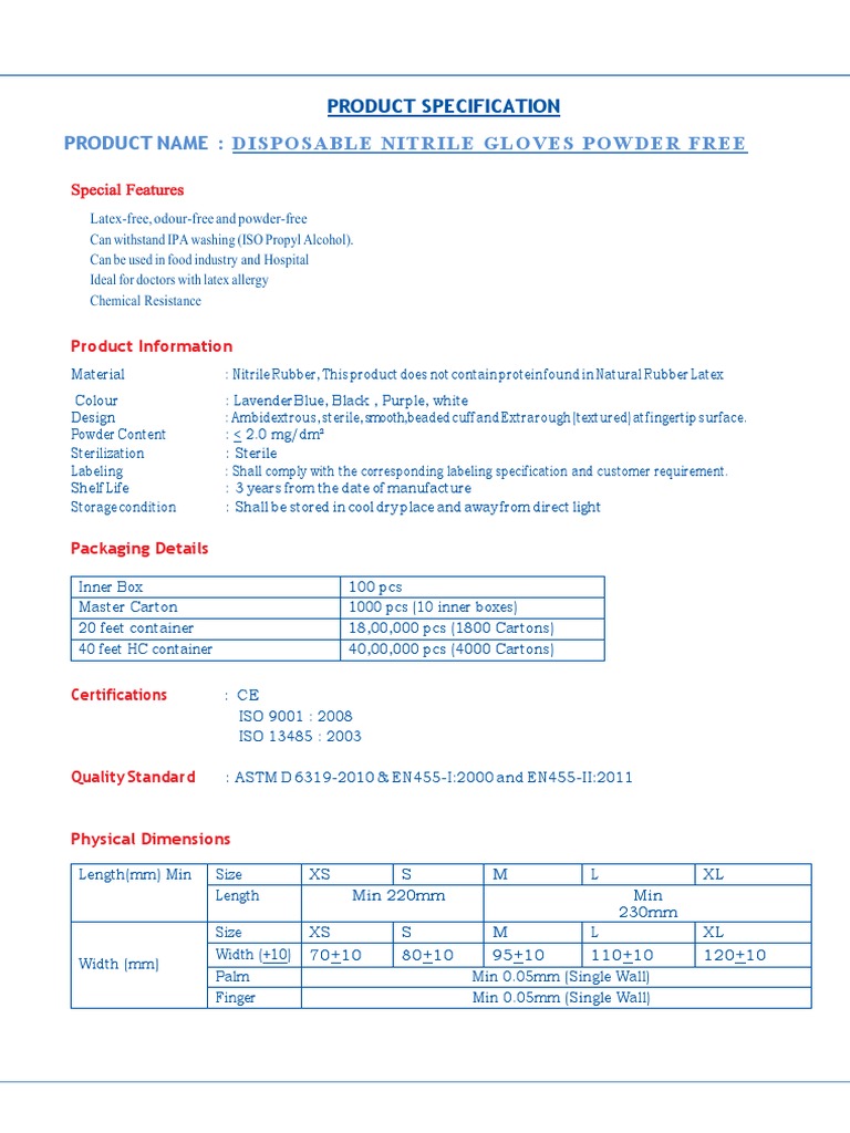 Nitrile Powder Free Specifcation PDF Natural Rubber Shelf Life