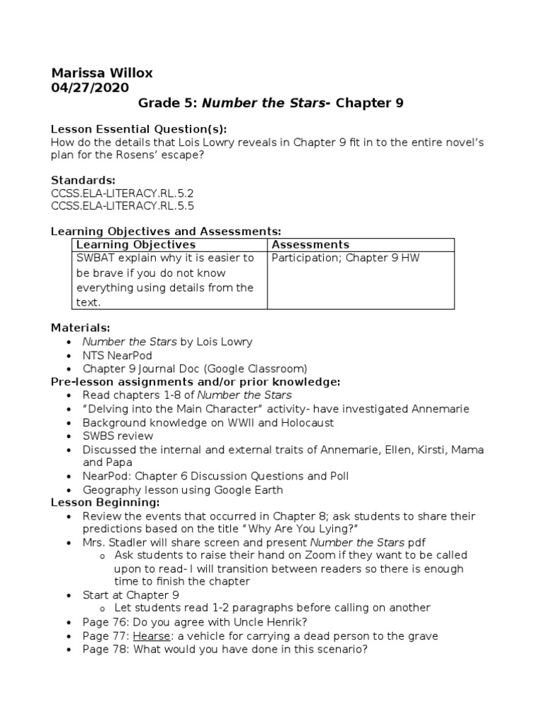 Number The Stars CH 9 - Lesson Plan 4 27 | PDF | Learning | Cognition